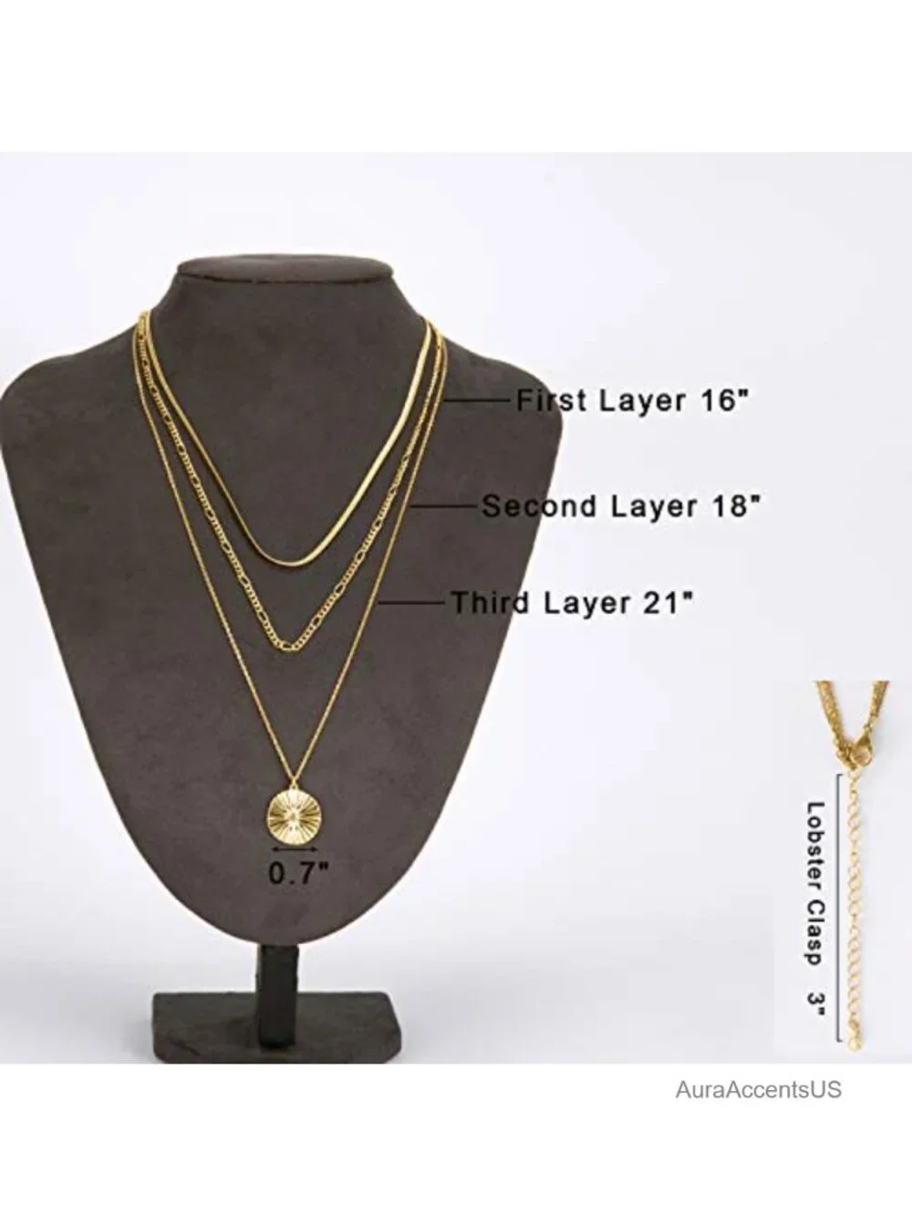 14k Gold Plated Layered Choker Necklace Women Figaro Chain Sunburst Pendant